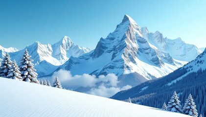 Snow-covered mountain peaks rising against a clear blue sky, with a pristine winter landscape below,  cold,  remote