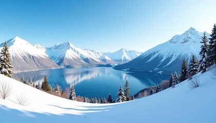 Snow-covered mountains, frozen lakes, and barren trees under a clear blue sky in a vast snowy winter landscape panorama,  frozen,  snowy peak