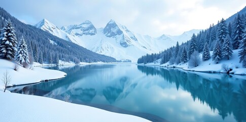 Snow covered mountains in Taganay National Park, with a serene frozen lake reflecting the stunning winter landscape,  frozen lake,  scenic view