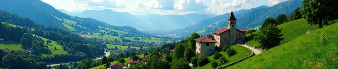 Fototapeta premium Scenic view of Rimasco, a charming village in Vercelli, Piedmont, Italy surrounded by picturesque mountains and lush greenery, mountains, village