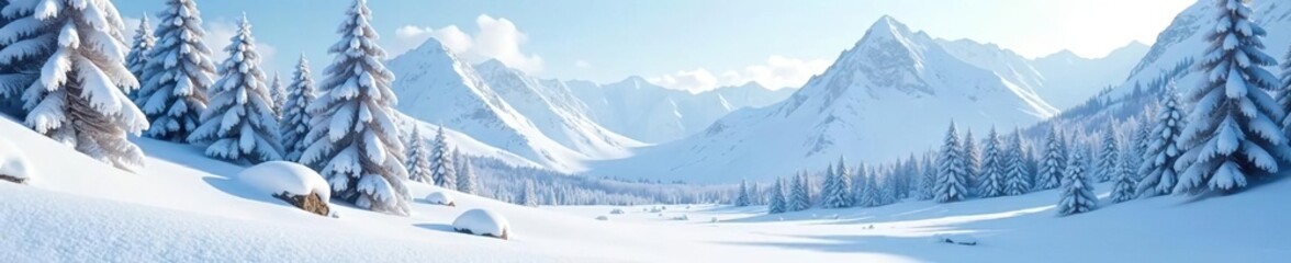 Snow-covered mountains with frozen trees and rocks in a serene wilderness setting,  snowy, snow