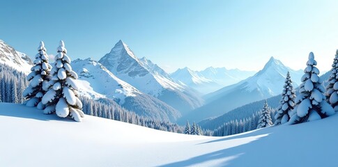 Snow-covered mountains with a serene white landscape, pine trees peeking out of the blanket of snow, under a clear blue sky, winter,  calm
