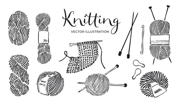 Set of hand drawn knitting elements including yarn balls, knitting needles, crochet hook, stitch markers, and knitted fabric. Flat style vector illustration isolated on white background