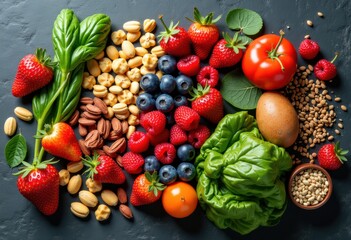 vibrant colorful array whole superfoods slate background nutrient rich fresh healthy natural ingredients, input, fruits, fruit, vegetable, grain, seed, leaf