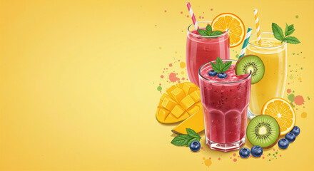 Vibrant tropical smoothies in clear glasses with fruity garnishes on a bright yellow background showcasing fun splashes of color