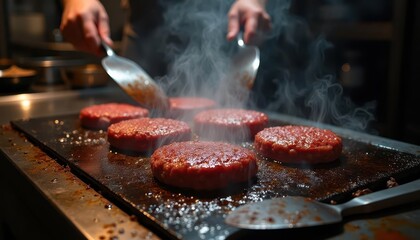 Cooking surface of professional flat-top grill with chef flipping burger patties, dramatic food preparation showing sizzling meat with perfect caramelization and rising smoke