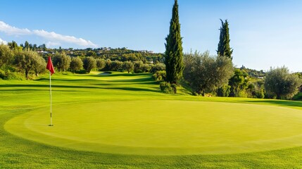Obraz premium A golf course with a green grassy area and a red flag. The flag is on the ground