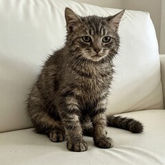 Wet gray cat on a white sofa.