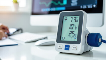 Blood pressure monitor displaying readings on a desk with computer  