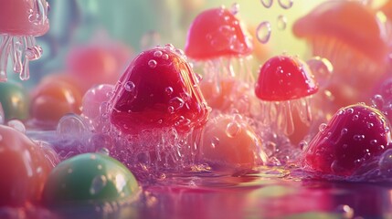 Colorful, vibrant mushrooms and spheres in a surreal, bubbly liquid environment
