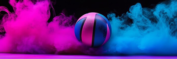 A volleyball is in the air with smoke surrounding it. The ball is pink and black. The smoke is purple and blue
