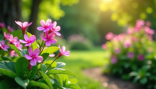 Serene garden with pink periwinkle flowers in morning light, lush greenery, vibrant beauty, copy space,  periwinkle,  pink