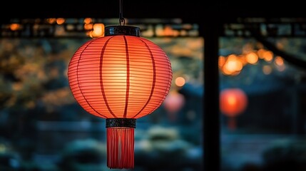 Bright red Chinese lantern hanging with a tassel creating an elegant and festive atmosphere for a celebration or traditional event
