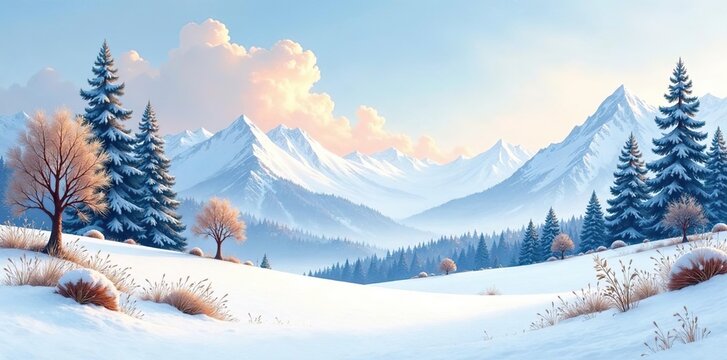 Serene winter landscapes in watercolor, perfect for textile design and crafting,  peaceful,  serene