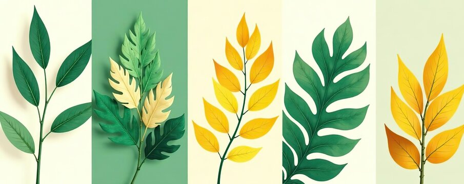 Set of 6 abstract tropical plant prints in green, beige, and yellow tones with boho decor style, monstera leaves, botanical elements,  plants,  yellow