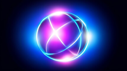 Obraz premium A glowing purple sphere with a blue background. The sphere is surrounded by a blue and purple line