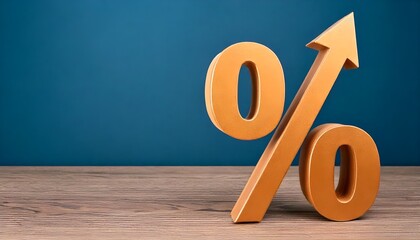 a wooden percentage sign with a rising arrow on table, large space for copy