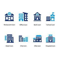 Fototapeta premium Restaurant, Office, Bank, School, Hotel, City, Villa, Hospital, Blue Icon Set