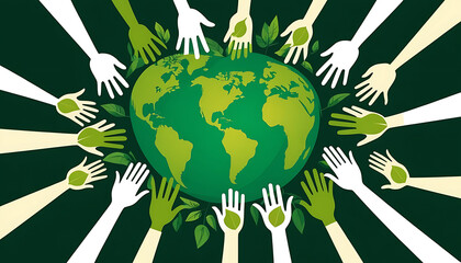 Hands encircling green Earth, leaves, global unity, environmental care, collaborative future.