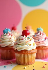 freshly decorated cupcakes colorful geometric backgrounds vibrant toppings sweet treats whimsical patterns pastry delight, design, icing, frosting, sugar