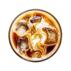 Iced coffee with cream swirls in glass from above angle isolated on white background