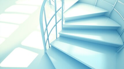 Obraz premium Modern blue spiral staircase ascending, bright interior, sunlight