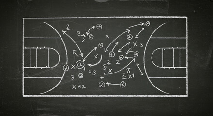 Basketball play tactics strategy drawn on chalkboard, blackboard texture