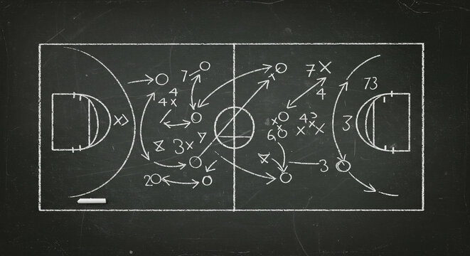 Basketball play tactics strategy drawn on chalkboard, blackboard texture