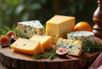gourmet artisan cheese assortment rustic wooden platter varieties blue cheese showcasing texture color, sunset, cheddar, brie, slice, nut, grapes, fruit