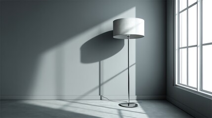 A floor lamp with a white shade stands in the corner of a minimalist room with grey walls