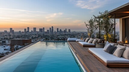 Fototapeta premium Luxurious Rooftop Infinity Pool Overlooking City Skyline at Sunset with Stylish Loungers and Warm Lighting