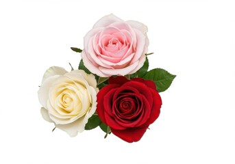 Obraz premium Floral arrangement of white pink and red roses in symmetrical composition isolated on white background