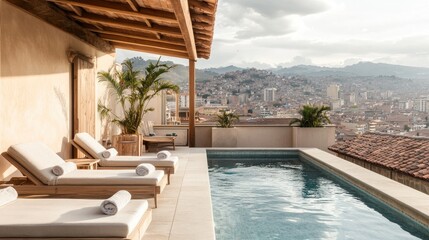 Fototapeta premium Relaxing Rooftop Pool Deck Overlooking Urban Landscape with Lounge Chairs and Scenic View of City Skyline