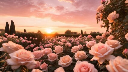 A vibrant field of pink roses basking in the soft