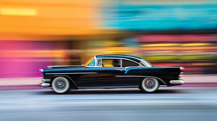 Fototapeta premium A fast-moving black car speeds down a street, the vibrant background a blur. Seen from the side. 