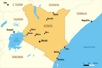 Vector Map of Kenya with Major Cities and Neighboring Countries – Editable Illustration