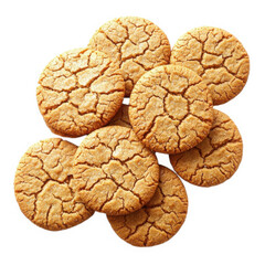Arrangement of baked cookies on a plain white surface isolated on white background