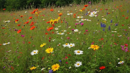 A vibrant tapestry of wildflowers blankets the landscape, creating a colorful meadow that dances...