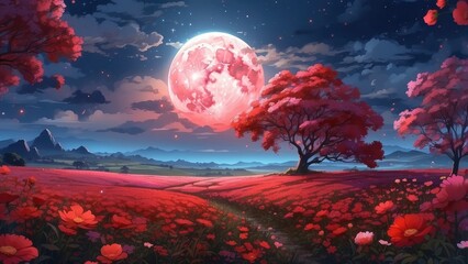 A serene night scene showcases a full moon in a starry sky with scattered clouds.