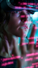 Fototapeta premium Close-up of woman wearing VR headset, pink code overlaying her face, suggesting immersion in virtual reality or digital world, showcasing technological advancement and innovation