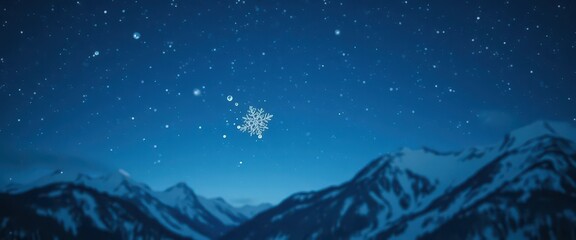 Single snowflake falling against dark winter sky, starry night, snow-covered mountains, tranquil, single
