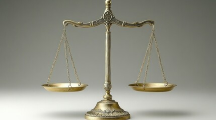 Balanced scales studio shot, justice concept, grey background, legal