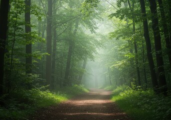 Obraz premium Enchanted forest path with dappled sunlight and misty atmosphere