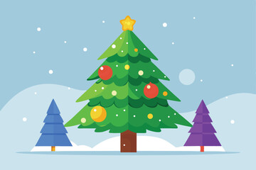 Christmas tree vector illustration with green fir branches and winter holiday decorations.