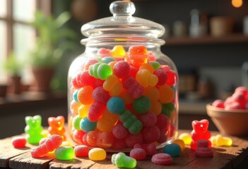 vibrant colorful gummy candies jar sweet treats confectionery transparent container sugar delight, jelly, glass, bright, delicious, tasty, chewy, fruity