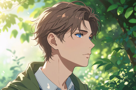 Handsome Japanese anime boy on green background high quality anime wallpaper illustration