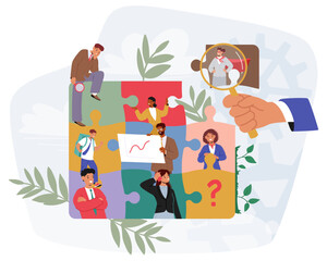 Team building talent management cartoon scene with huge businessman finding company employees