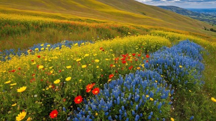 Rolling Hills Ablaze with Color: A Tapestry of Wildflowers Dancing Under a Blue Sky, Awakening Spring's Embrace.