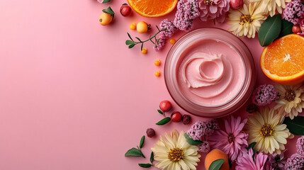 A luxurious peach-colored skincare lotion with a creamy texture on a smooth modern background, symbolizing self-care, relaxation, and the rejuvenating power of beauty products.


