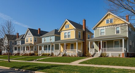 Obraz premium Charming colorful houses in a suburban neighborhood under a clear blue sky